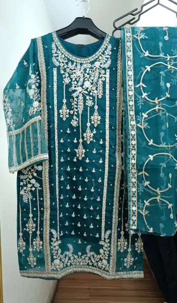 Pakistani Boutique Organza Stitched 3 Pcs _ Deep Sea Green